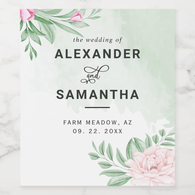 Watercolor Eucalyptus Greenery Pink Floral Wedding Wine Label (Single Label)