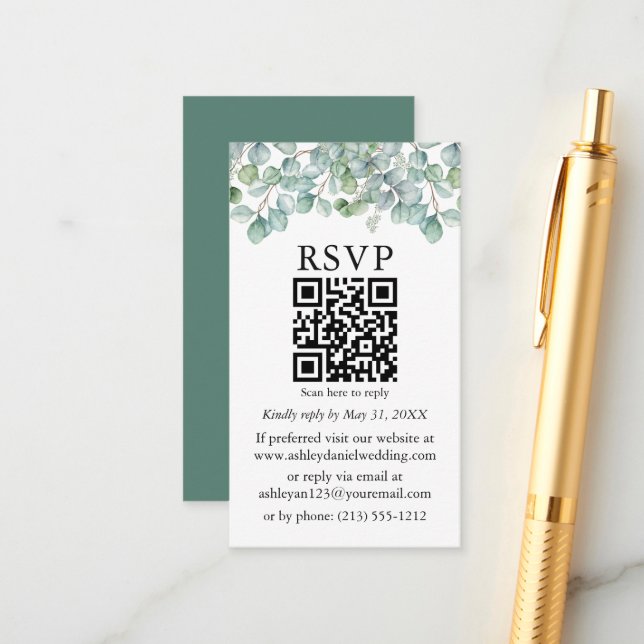 Watercolor Eucalyptus Greenery QR Wedding RSVP Enclosure Card (Front/Back In Situ)
