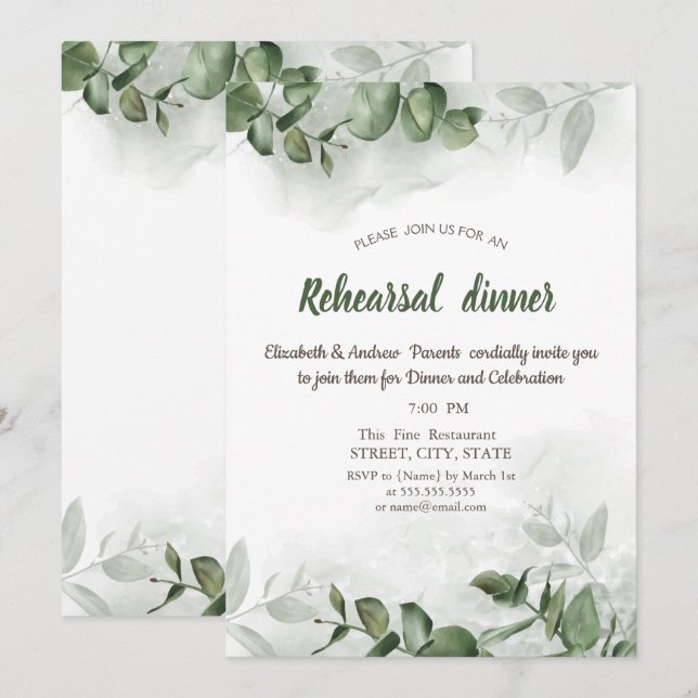 Watercolor Eucalyptus Greenery  Rehearsal Dinner   Invitation (Front/Back)