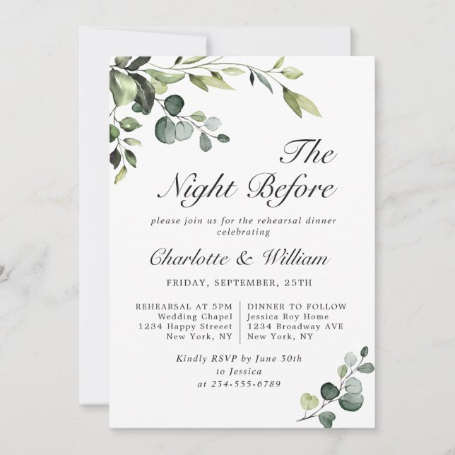 Watercolor Eucalyptus Greenery Rehearsal Dinner Invitation (Front)