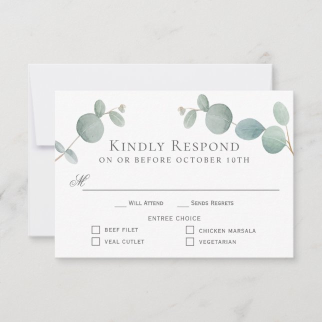 Watercolor Eucalyptus Greenery RSVP with 4 Entrees (Front)