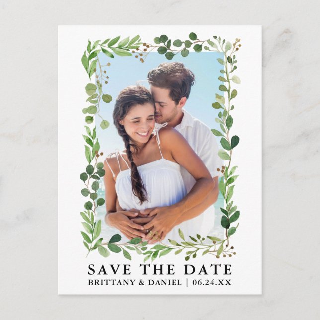 Watercolor Eucalyptus Greenery Save The Date Postcard (Front)