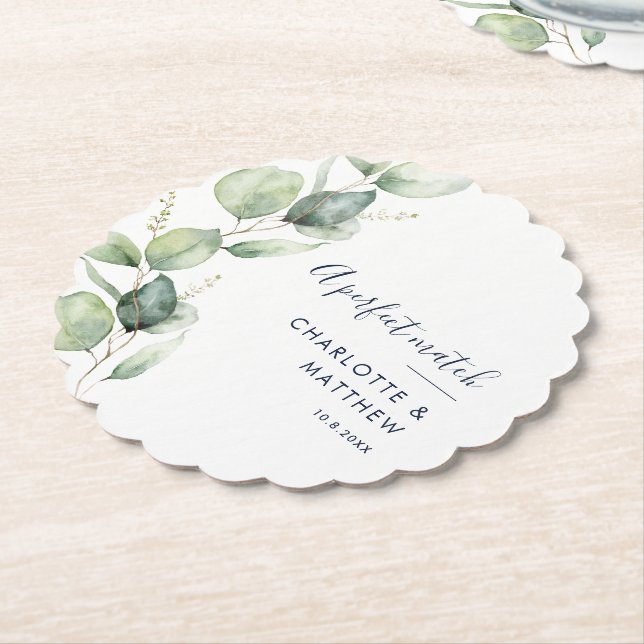Watercolor Eucalyptus Greenery Script Wedding Paper Coaster (Angled)