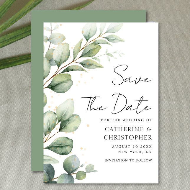 Watercolor Eucalyptus Greenery Script Wedding Save The Date (Creator Uploaded)