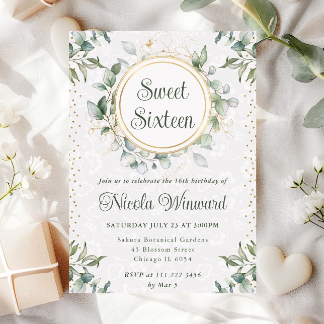 Watercolor Eucalyptus Greenery Sweet 16 Invitation (Creator Uploaded)
