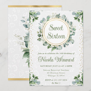 Watercolor Eucalyptus Greenery Sweet Sixteen Invitation
