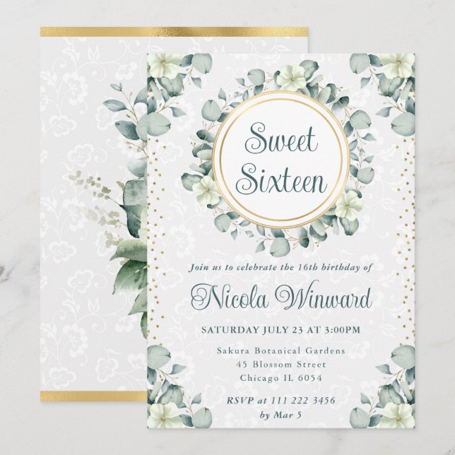 Watercolor Eucalyptus Greenery Sweet Sixteen Invitation (Front/Back)