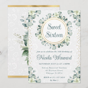 Watercolor Eucalyptus Greenery Sweet Sixteen Invitation
