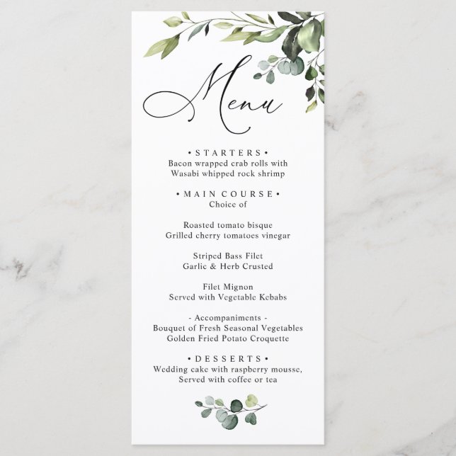 Watercolor Eucalyptus Greenery Wedding Dinner Menu (Front)