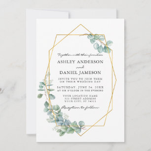 Watercolor Eucalyptus Greenery Wedding Gold Frame Invitation