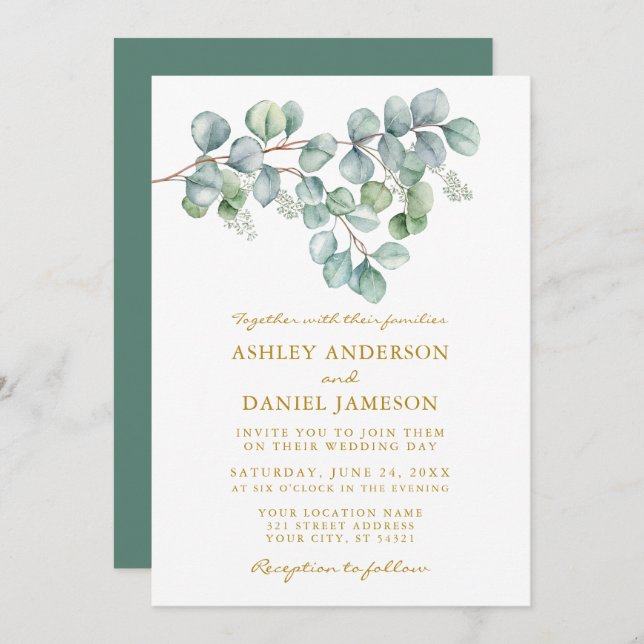Watercolor Eucalyptus Greenery Wedding Gold Invitation (Front/Back)