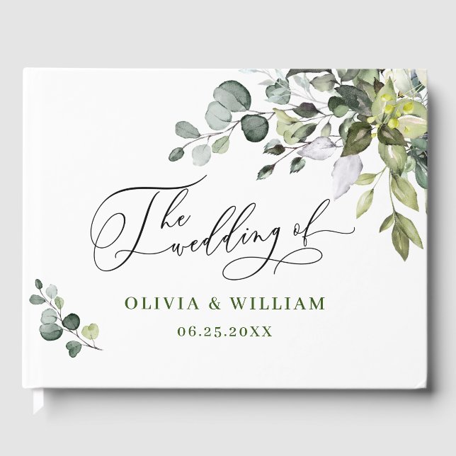 Watercolor Eucalyptus Greenery Wedding Guest Book (Front)