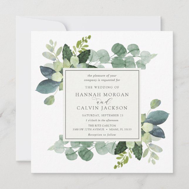 Watercolor Eucalyptus Greenery Wedding Invitation (Front)