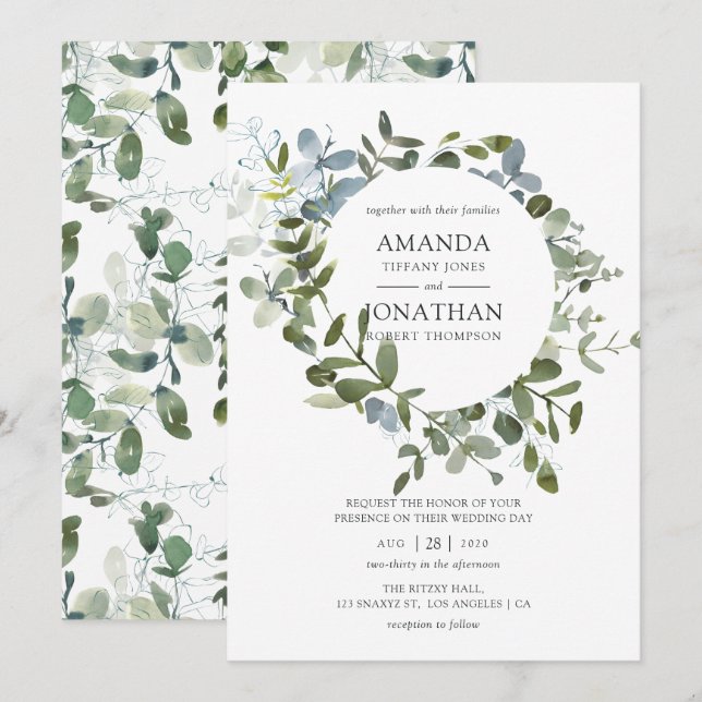 Watercolor Eucalyptus Greenery Wedding Invitation (Front/Back)