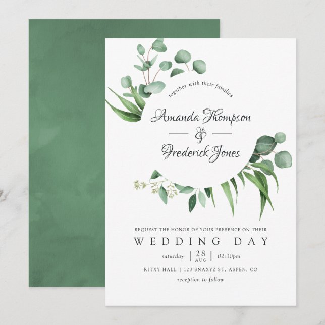 Watercolor Eucalyptus Greenery Wedding Invitation (Front/Back)