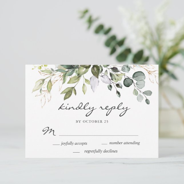 Watercolor Eucalyptus Greenery Wedding RSVP Card (Standing Front)