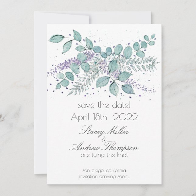 Watercolor Eucalyptus Greenery Wedding  Save The Date (Front)