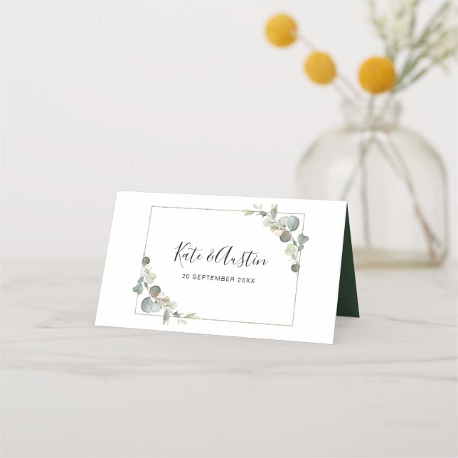 Watercolor eucalyptus greenery wedding table place card (Back)
