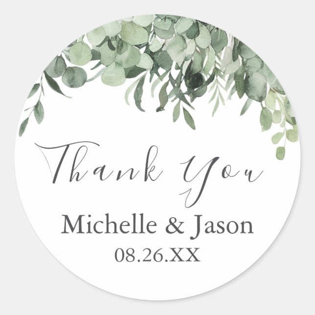 Watercolor Eucalyptus Greenery Wedding Thank You Classic Round Sticker (Front)