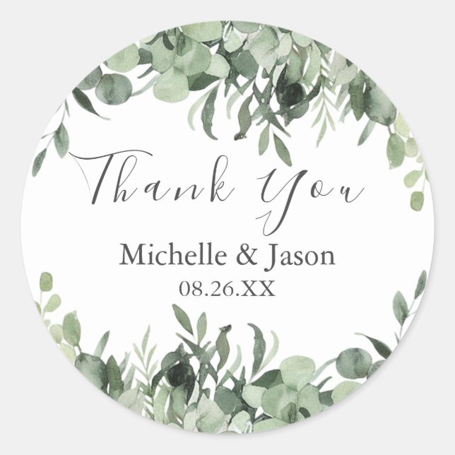 Watercolor Eucalyptus Greenery Wedding Thank You Classic Round Sticker (Front)