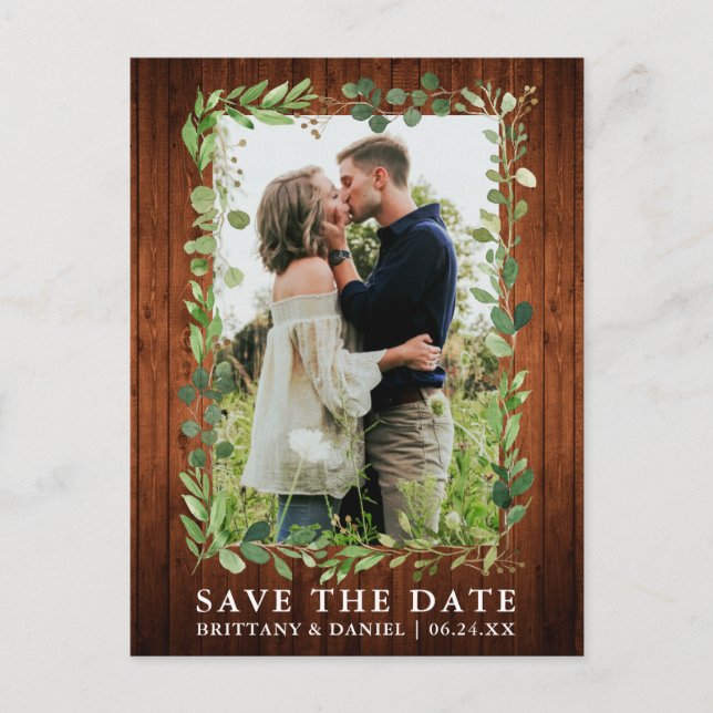 Watercolor Eucalyptus Greenery Wood Save The Date Postcard (Front)