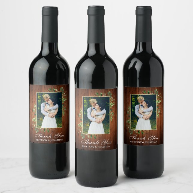 Watercolor Eucalyptus Greenery Wood Wedding Wine Label (Bottles)