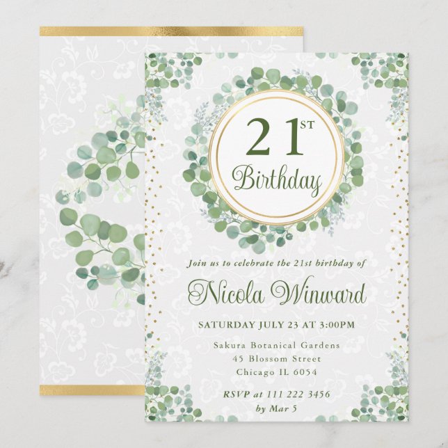 Watercolor Eucalyptus Greenery Wreath Birthday Invitation (Front/Back)