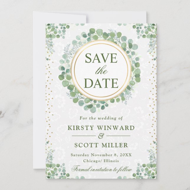 Watercolor Eucalyptus Greenery Wreath Wedding Save The Date (Front)