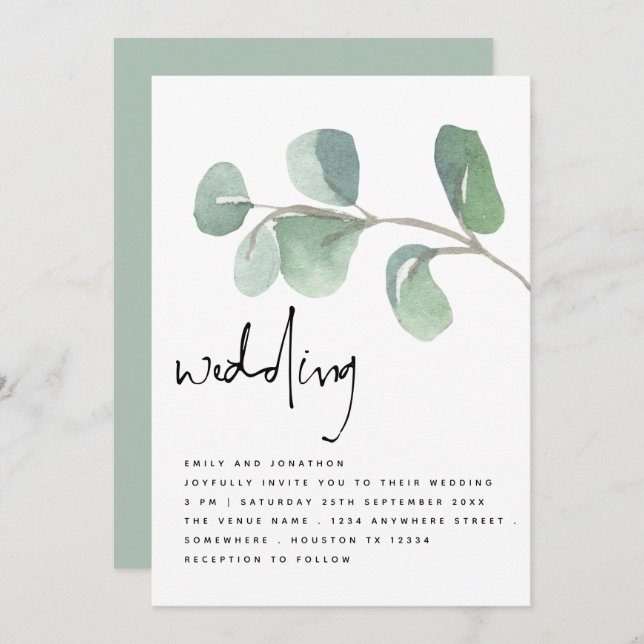 Watercolor Eucalyptus Informal Script Wedding Invitation (Front/Back)