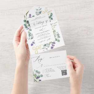 Watercolor Eucalyptus Lavender Calligraphy Wedding All In One Invitation