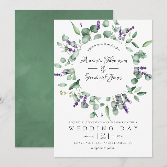 Watercolor Eucalyptus Lavender Greenery Wedding Invitation (Front/Back)