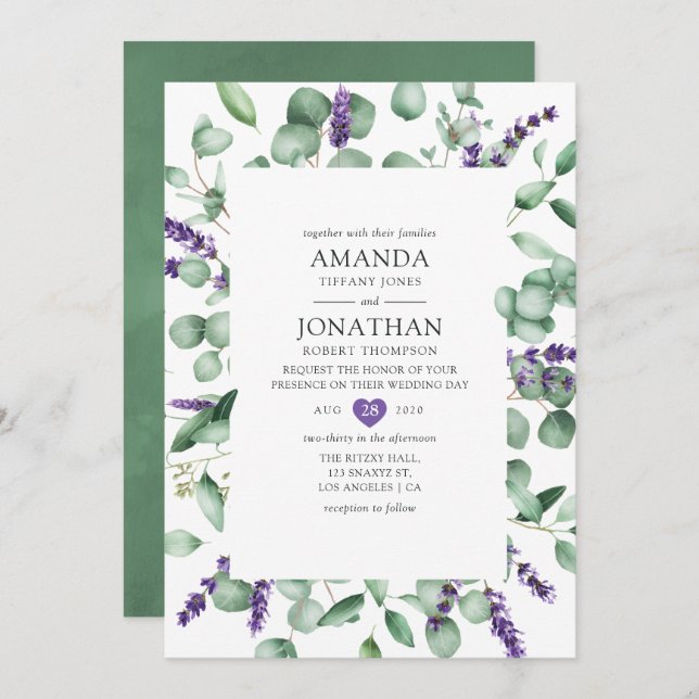 Watercolor Eucalyptus Lavender Greenery Wedding Invitation (Front/Back)