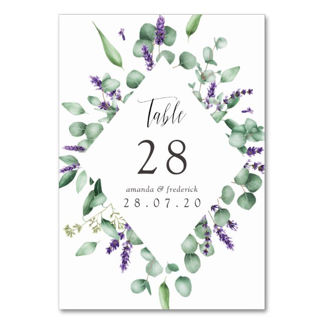 Watercolor Eucalyptus & Lavender Greenery Wedding Table Number (Front)