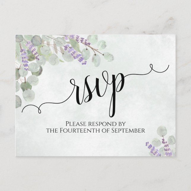 Watercolor Eucalyptus & Lavender Wedding RSVP Postcard (Front)