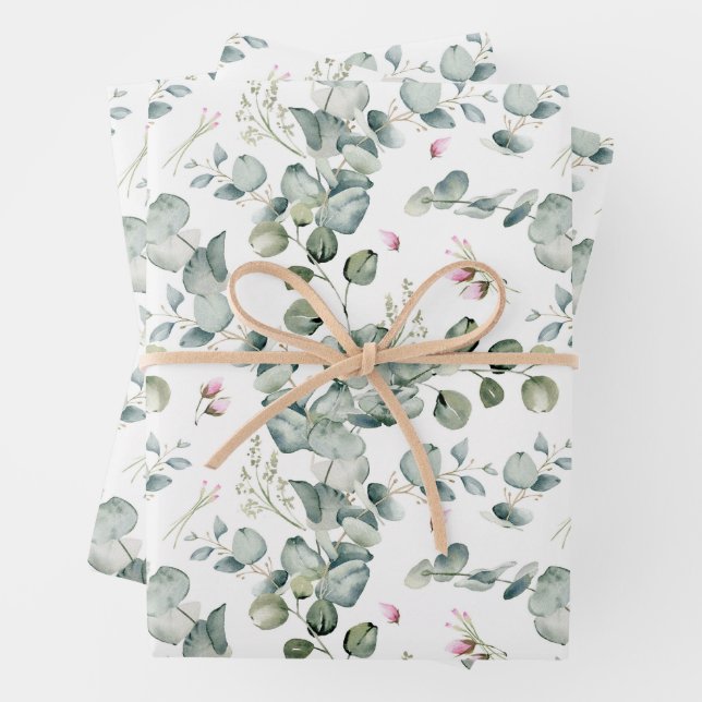  Watercolor Eucalyptus Leaf Branches and Flowers Wrapping Paper Sheet (In situ)