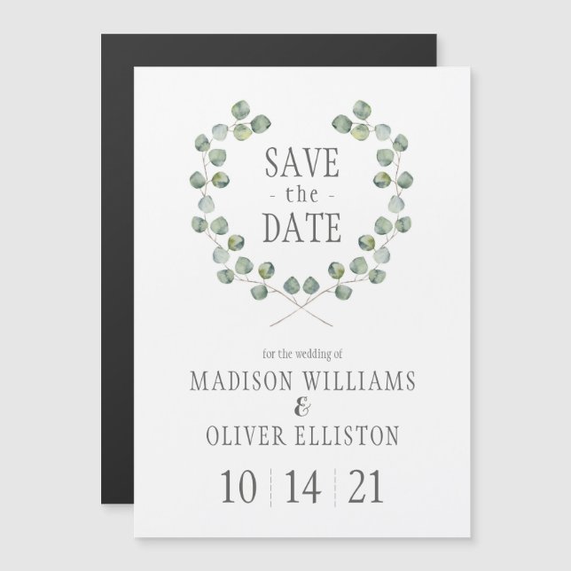 Watercolor Eucalyptus Leaf Frame | Save the Date Magnetic Invitation (Front/Back)