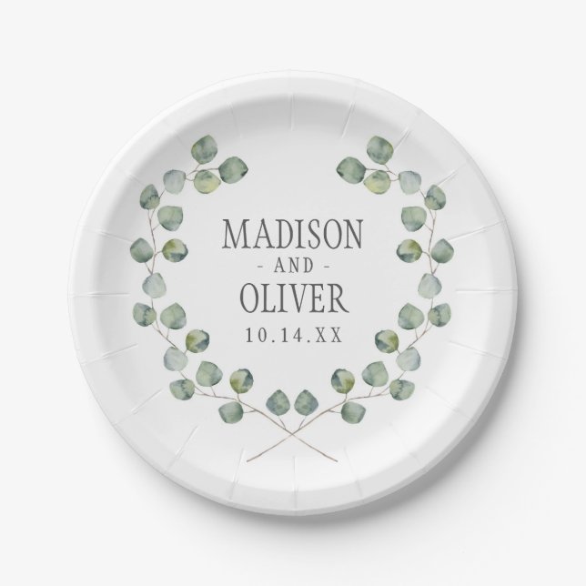 Watercolor Eucalyptus Leaf Frame | Wedding Paper Plate (Front)