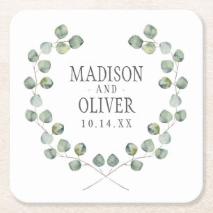 Watercolor Eucalyptus Leaf Frame Wedding Square Paper Coaster