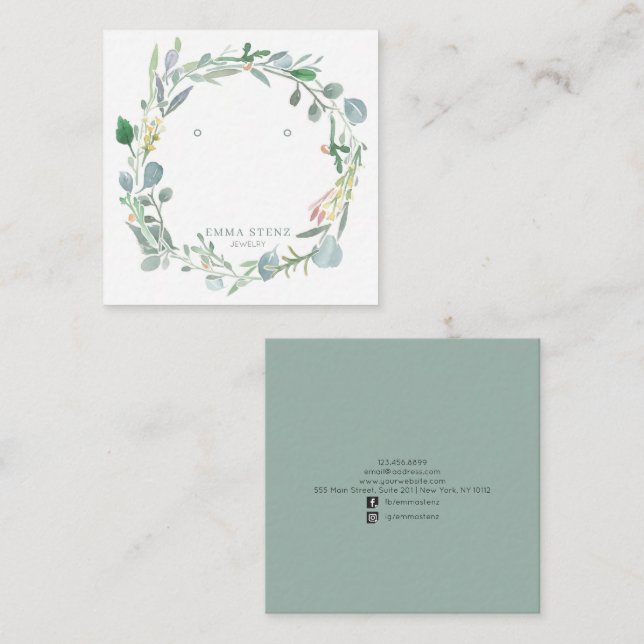 Watercolor Eucalyptus Leafy Wreath Earring Display Square Business Card (Front/Back)