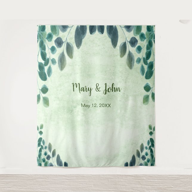 Watercolor Eucalyptus Leave Wedding Photo Backdrop Tapestry (Front)