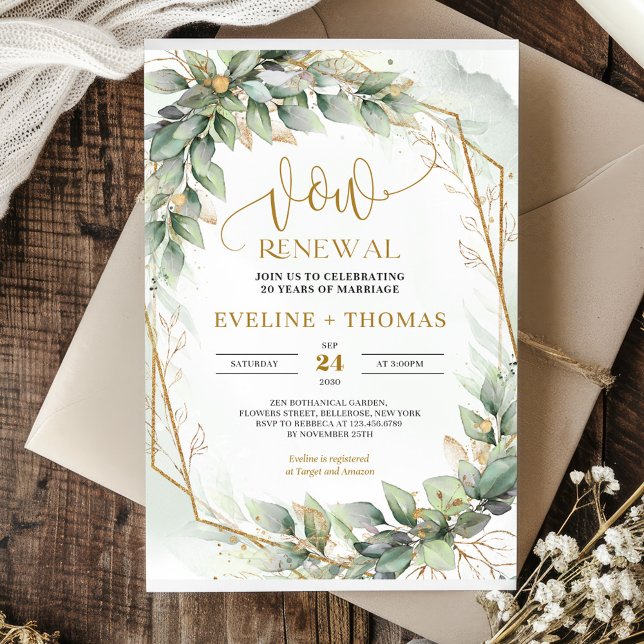Watercolor eucalyptus leaves and gold vow renewal  invitation (Watercolor eucalyptus leaves and gold vow renewal invitation template)