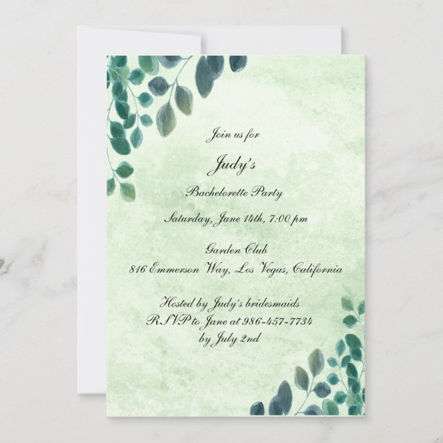 Watercolor Eucalyptus Leaves Bachelorette Party Invitation (Front)