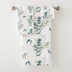 Watercolor eucalyptus leaves bath towel set