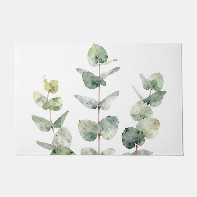Watercolor Eucalyptus Leaves Botanical Doormat (Front)