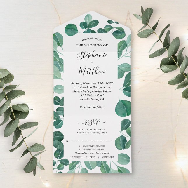 Watercolor Eucalyptus Leaves Botanical Wedding All In One Invitation (Creator Uploaded)