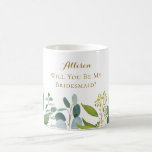 Watercolor Eucalyptus Leaves Bridesmaid Proposal Coffee Mug<br><div class="desc">Watercolor Eucalyptus Leaves Bridesmaid Proposal Coffee Mug. This stylish design features beautiful hand-painted watercolor eucalyptus leaves in shades of green and pale blue. The font is in faux gold, but can easily be changed to suit your style (font and colour). This is part of the Elegant Greenery collection that can...</div>