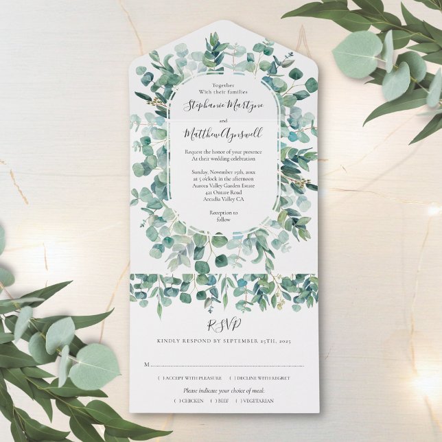 Watercolor Eucalyptus Leaves Foliage Wedding All In One Invitation (Creator Uploaded)