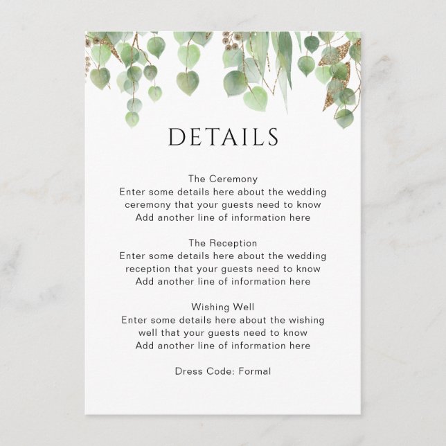 Watercolor Eucalyptus Leaves Gold Foliage Wedding Enclosure Card (Front)