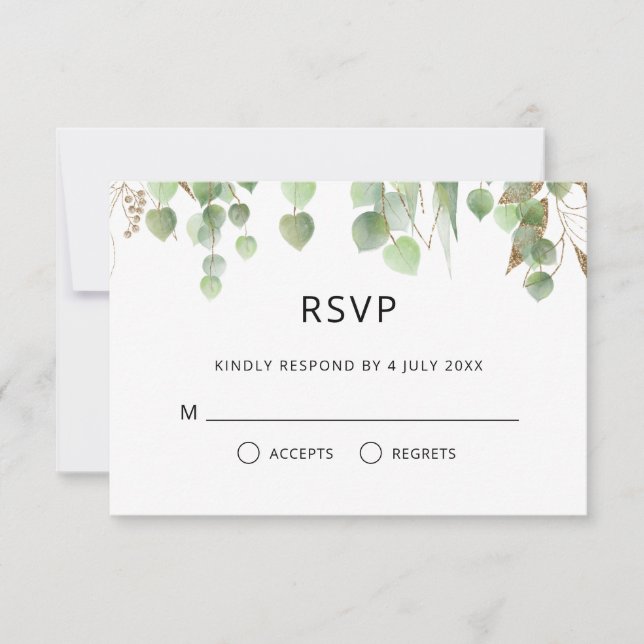 Watercolor Eucalyptus Leaves Gold Foliage Wedding RSVP Card (Front)