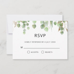 Watercolor Eucalyptus Leaves Gold Foliage Wedding RSVP Card
